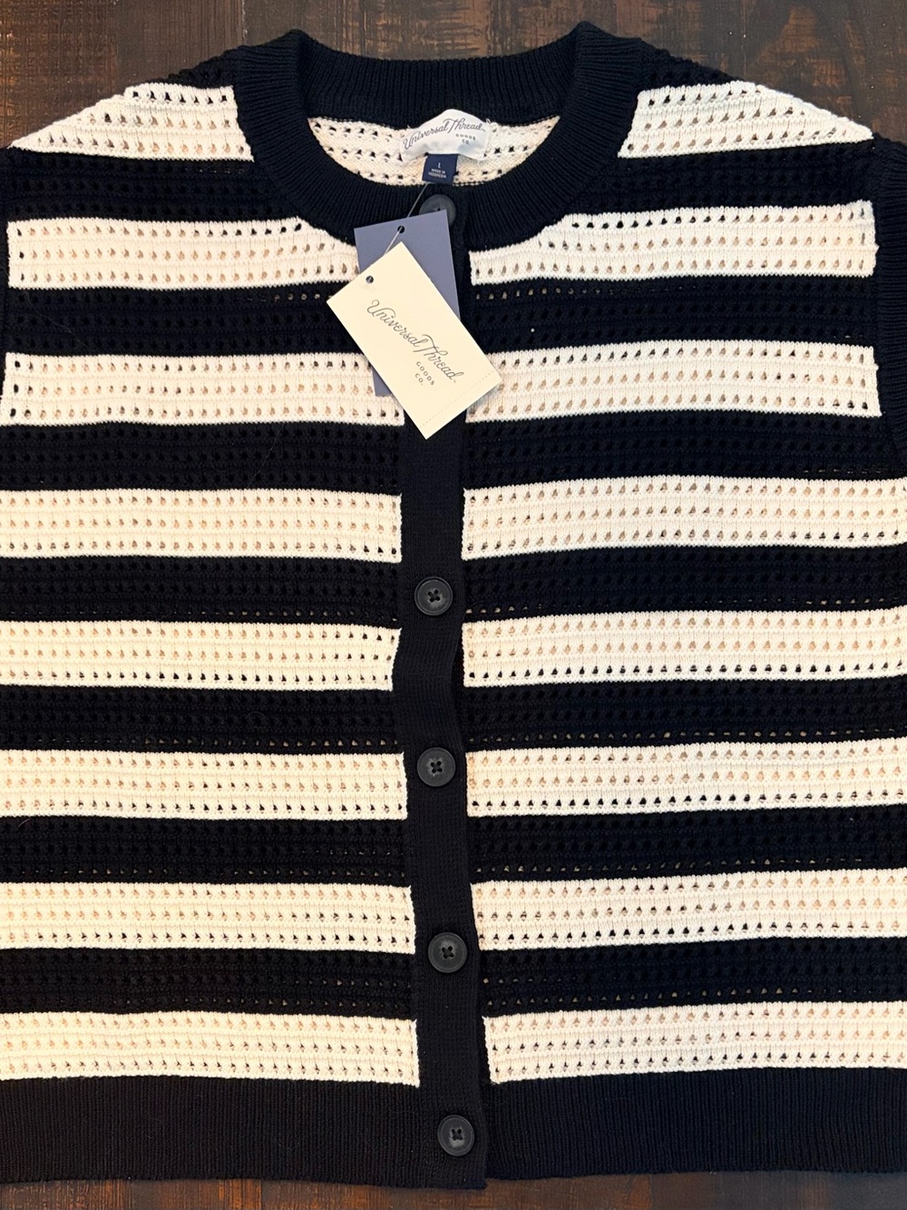 Universal Thread Black and Cream Striped Open-Knit Sleeveless Sweater